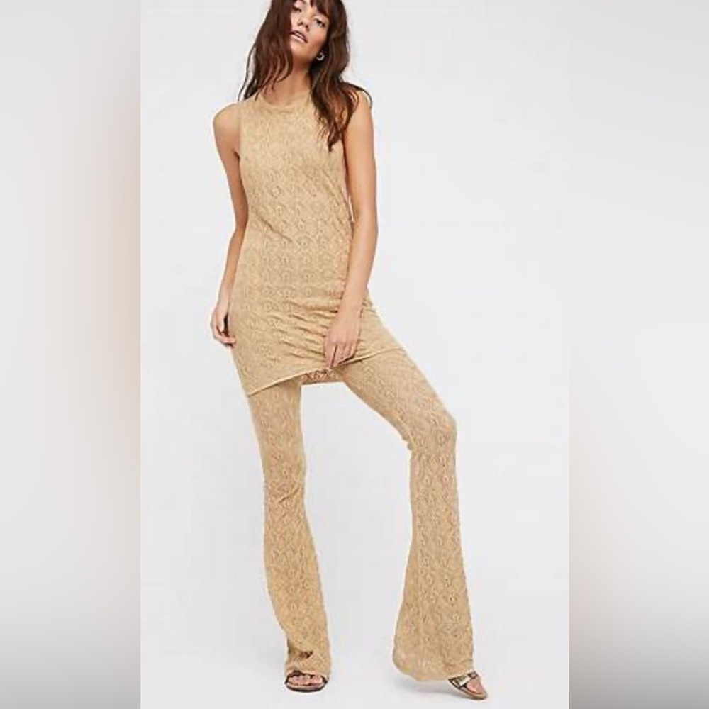 Free People Take Me Out Two Piece Set / XS / Gold Metallic Flared Knit